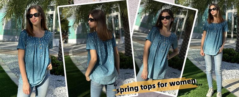 ZEAGOO back to school Women Tunic Tops Dressy Casual Summer Short Sleeve Shirts Floral Loose Fit Pleated Boho Top S-XXL