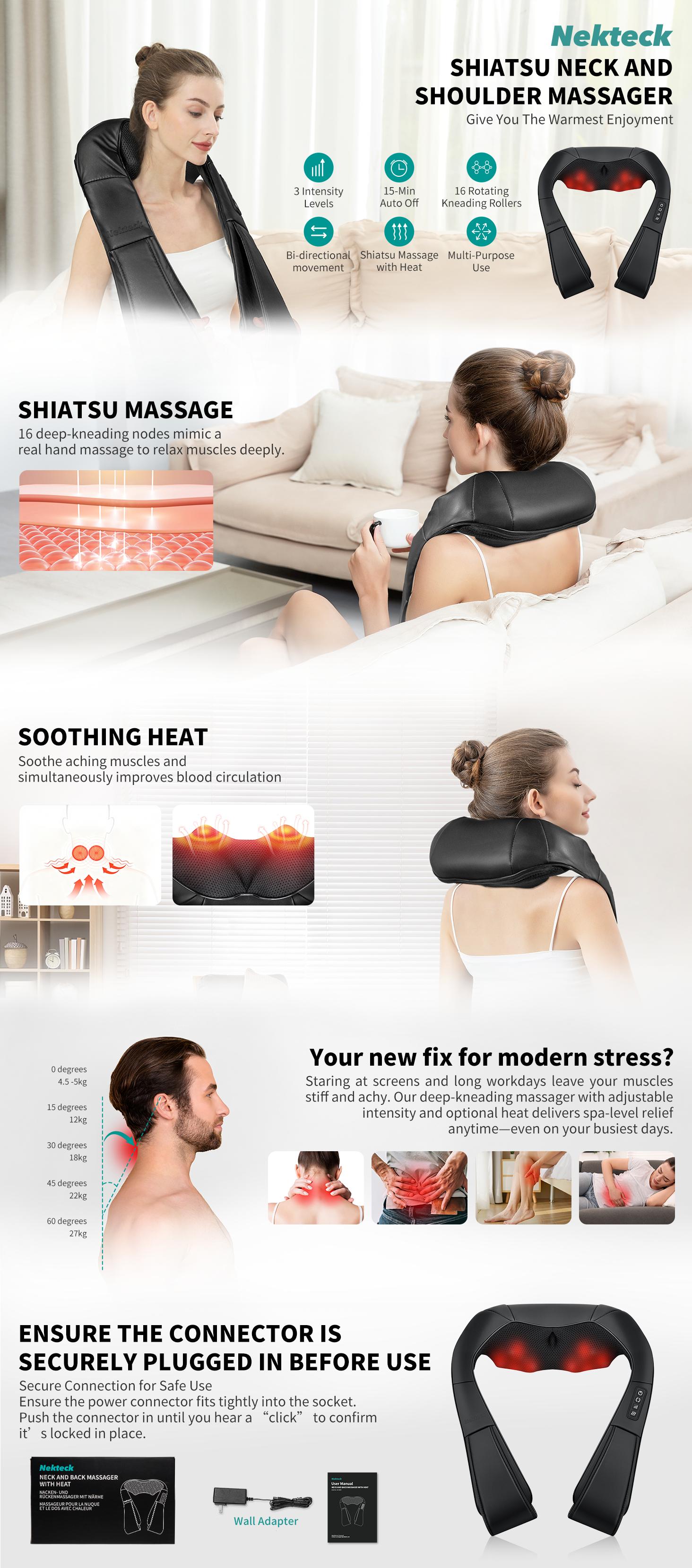 Shiatsu Neck and Back Massager with Soothing Heat, Ergonomic 8 Deep-Kneading Massage Nodes with Heat Electric Shiatsu Back Massager for Neck Shoulder & Body Muscle Relief Portable 12V DC Power Supply - Black Shiatsu Neck and Back Massager with Soothing Heat, Ergonomic 8 Deep-Kneading Massage Nodes with Heat Electric Shiatsu Back Massager for Neck Shoulder & Body Muscle Relief Portable 12V DC Power Supply - Black