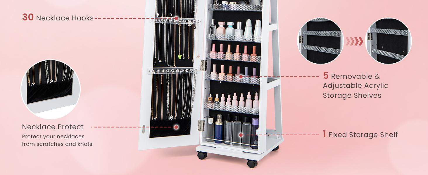 COSTWAY Jewelry Cabinet with Wheels, 64" H Full Length Mirror, 3-Color LED Lights, Height Adjustable Shelves, Lockable Standing Jewelry Organizer Armoire with Back Storage Shelves -costst COSTWAY Jewelry Cabinet with Wheels, 64" H Full Length Mirror, 3-Color LED Lights, Height Adjustable Shelves, Lockable Standing Jewelry Organizer Armoire with Back Storage Shelves -costst