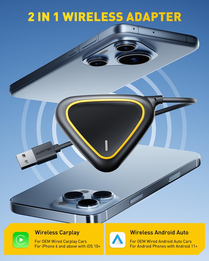 AUXITO 2 in 1 Wireless CarPlay & Android Auto Adapter, Converts OEM Wired CarPlay to Wireless, Plug & Play Seamless Connection for iPhone iOS 12+ & Android 11+, 2025 Upgraded