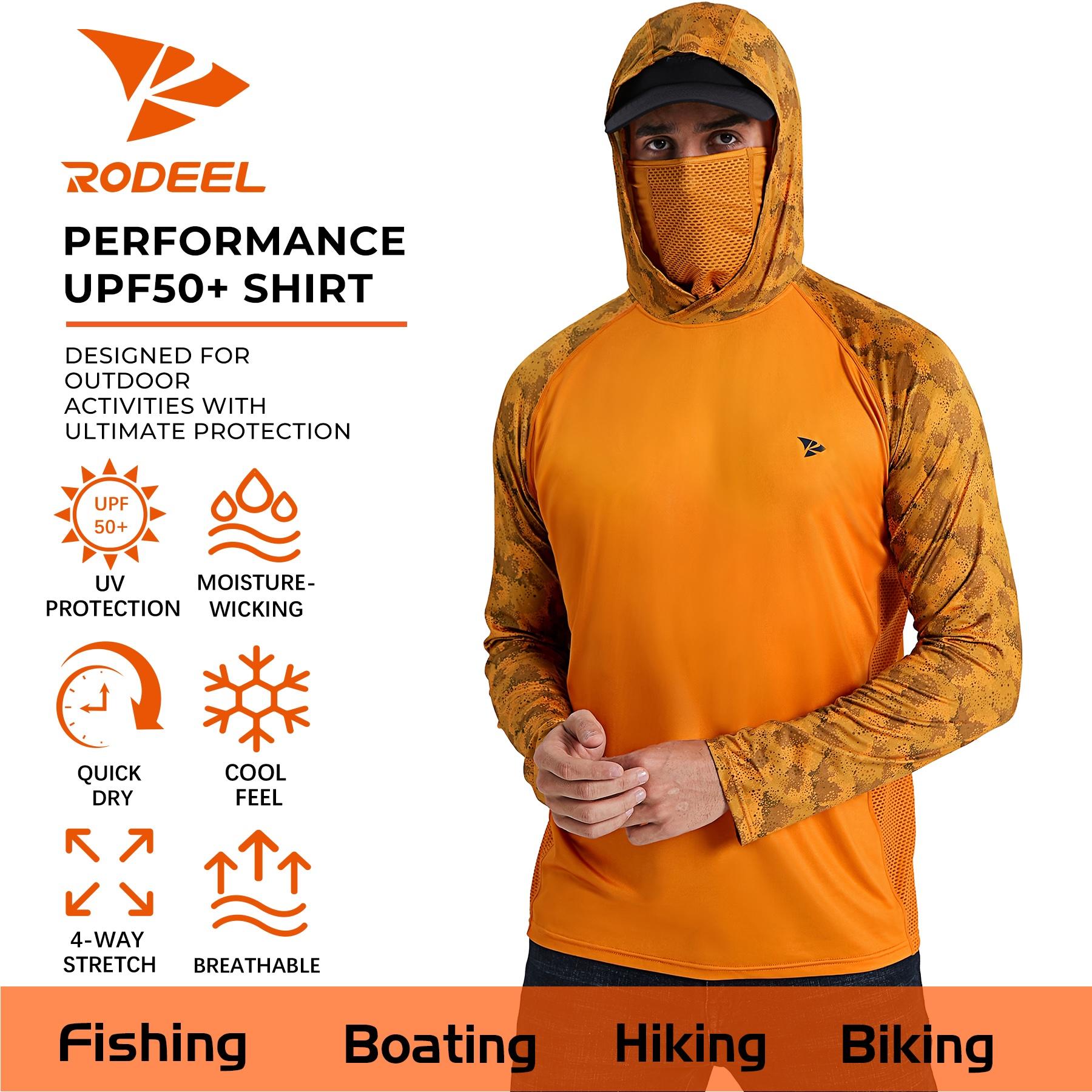 RODEEL 915 Sun Hoodie Shirts w/ Mask Neck Gaiter Men UPF 50+ UV Protection Long Sleeve Lightweight Quick Dry Moisture Wicking Breathable Cooling Athletic Activewear for Outdoor Sport Fishing Boating Hiking Roofing Construction Landscaping Tree Service