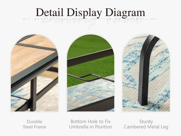 Phivilla Rectangular Outdoor Dining Table with 1.6"-2" Adjustable Umbrella Hole, 6 Person Patio Table for Outdoor, Rectangle Patio Table with Faux Wood Tabletop and Metal Steel Frame