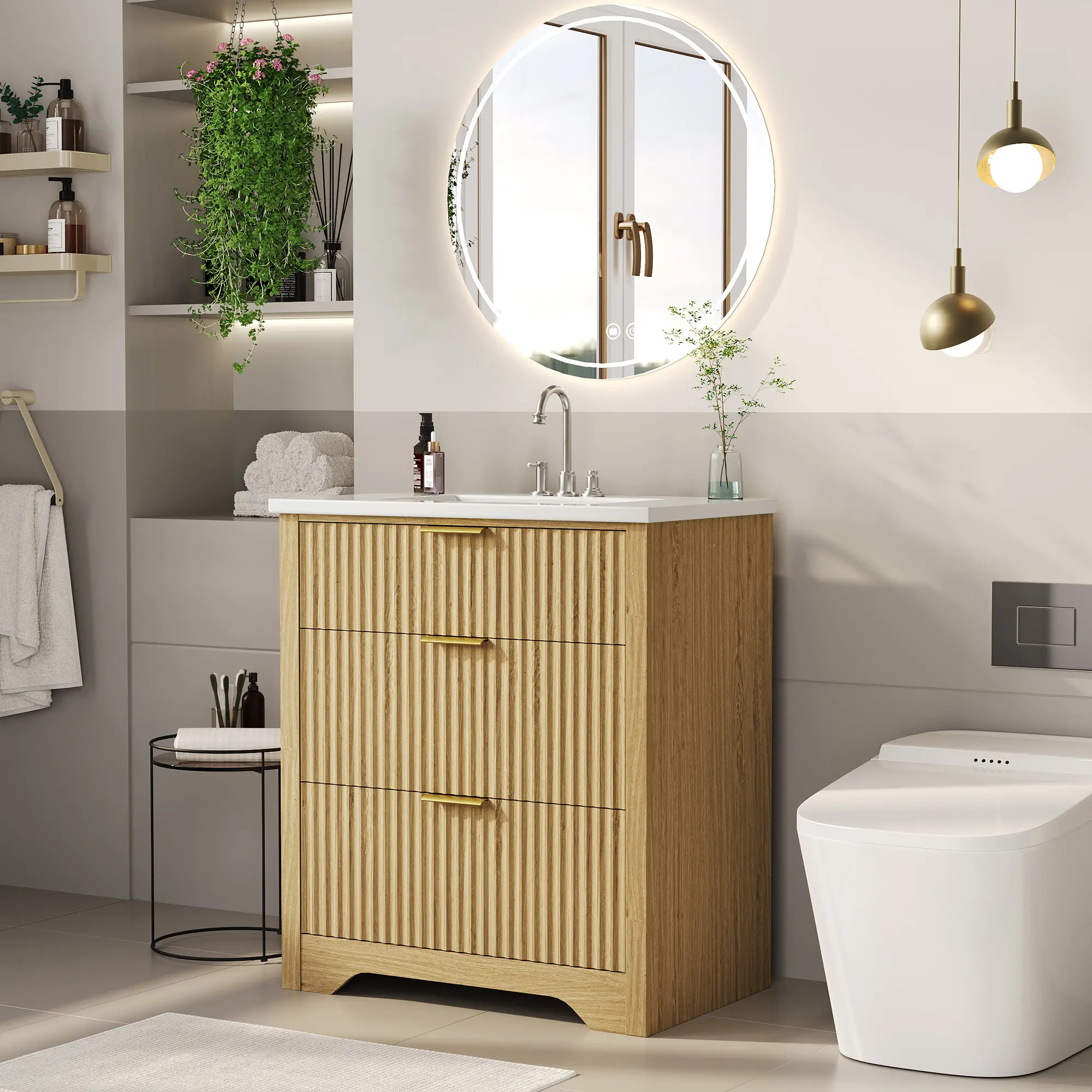 GARVEE Farmhouse Bathroom Vanity with Washbasin, Spacious Storage Cabinet with 2 Large Drawers & Flip-Down Drawer, Freestanding Bathroom Vanity, Easy Assembly & Hassle-Free Cleaning