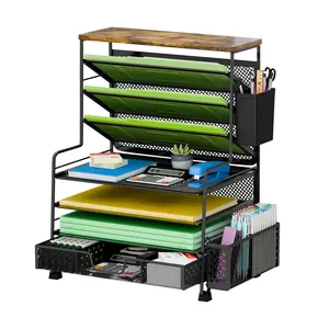 8 Tier Desk File Organizer with Sliding Drawer, Desktop Organizers and Accessories, Letter Size File Organizer for Desk, Black