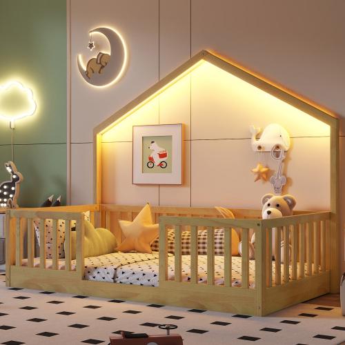 Bellemave Twin/Full Floor Bed with High Rails Wooden Montessori Bed with LED Light for Kids Boys and Girls Low Profile Design Sturdy Construction - Home Bellemave Twin/Full Floor Bed with High Rails Wooden Montessori Bed with LED Light for Kids Boys and Girls Low Profile Design Sturdy Construction - Home