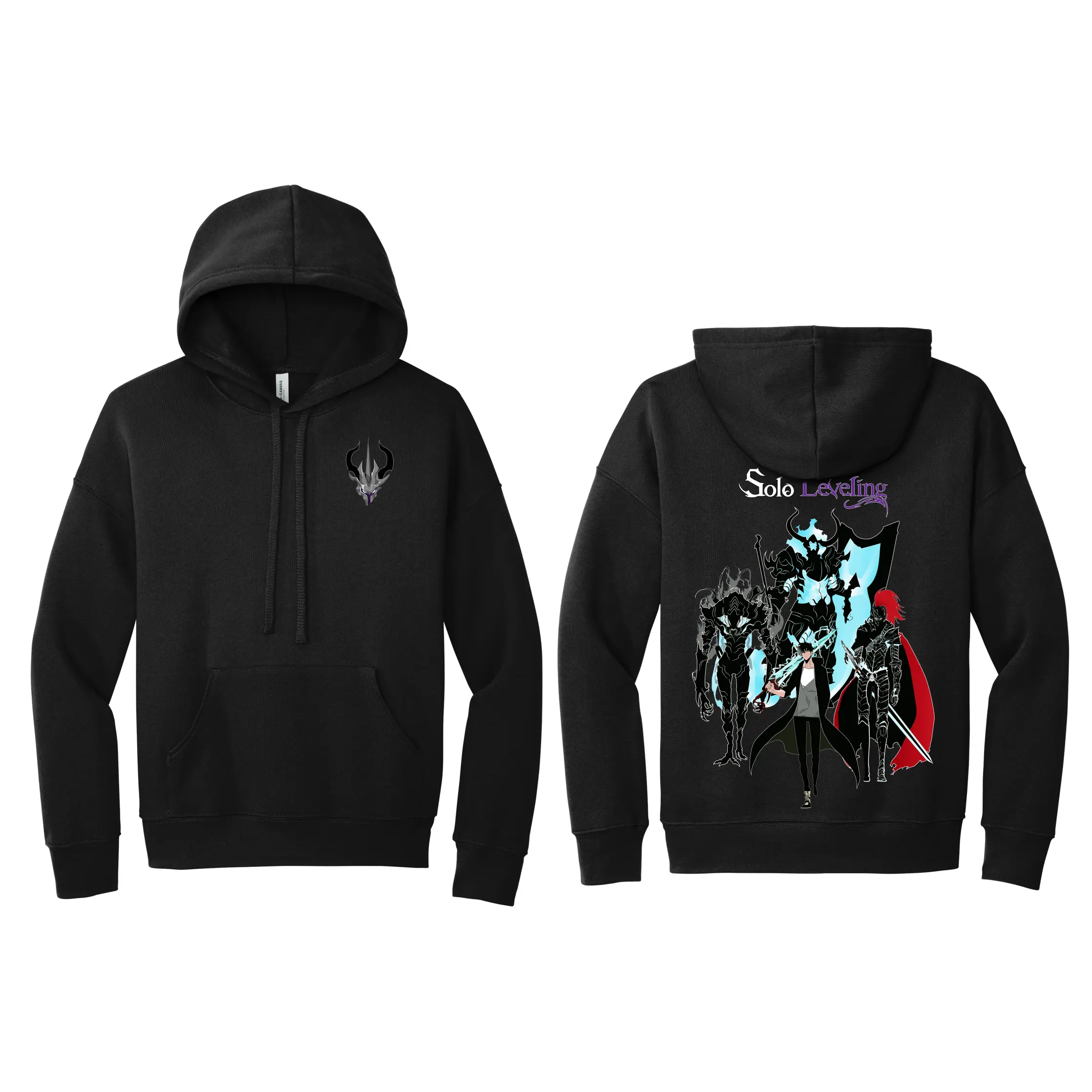 Men's Stylish Thick Ribbed Cotton Long Sleeve Hoodie - Kangaroo Pocket, Shadow Monarch, Jin Beru, Iron Igris Designs, Double-Sided Tops with Hem