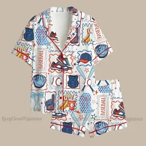 Women's Satin Pajama Set – Baseball Print Sleepwear, Hotdog & Popcorn Loungewear