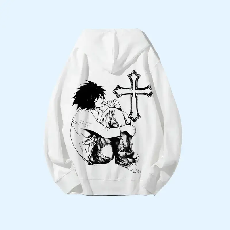 Stylish Death Note L Vintage Graphic  - Misa Anime Streetwear, Manga Clothing, Couple Gift Top for Men & Women Menswear Graphic Tees Love Sweatshirts Gamis Casual Long Sleeve White clothes Unisex Hoodie male