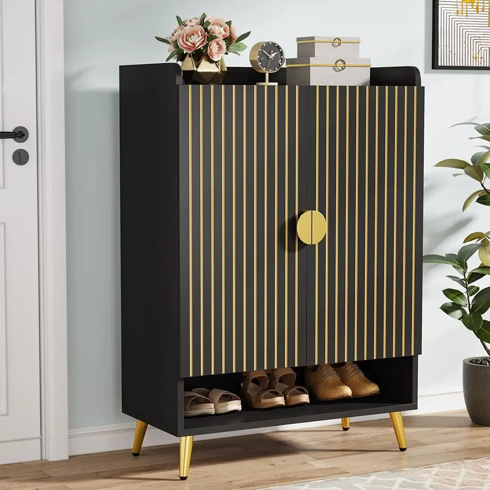 Tribesigns 7-Tier Shoe Cabinet With Doors, Adjustable Shelves For Entryway, Hallway, Closet, Living Room, Black Wooden Shoe Storage Organizer