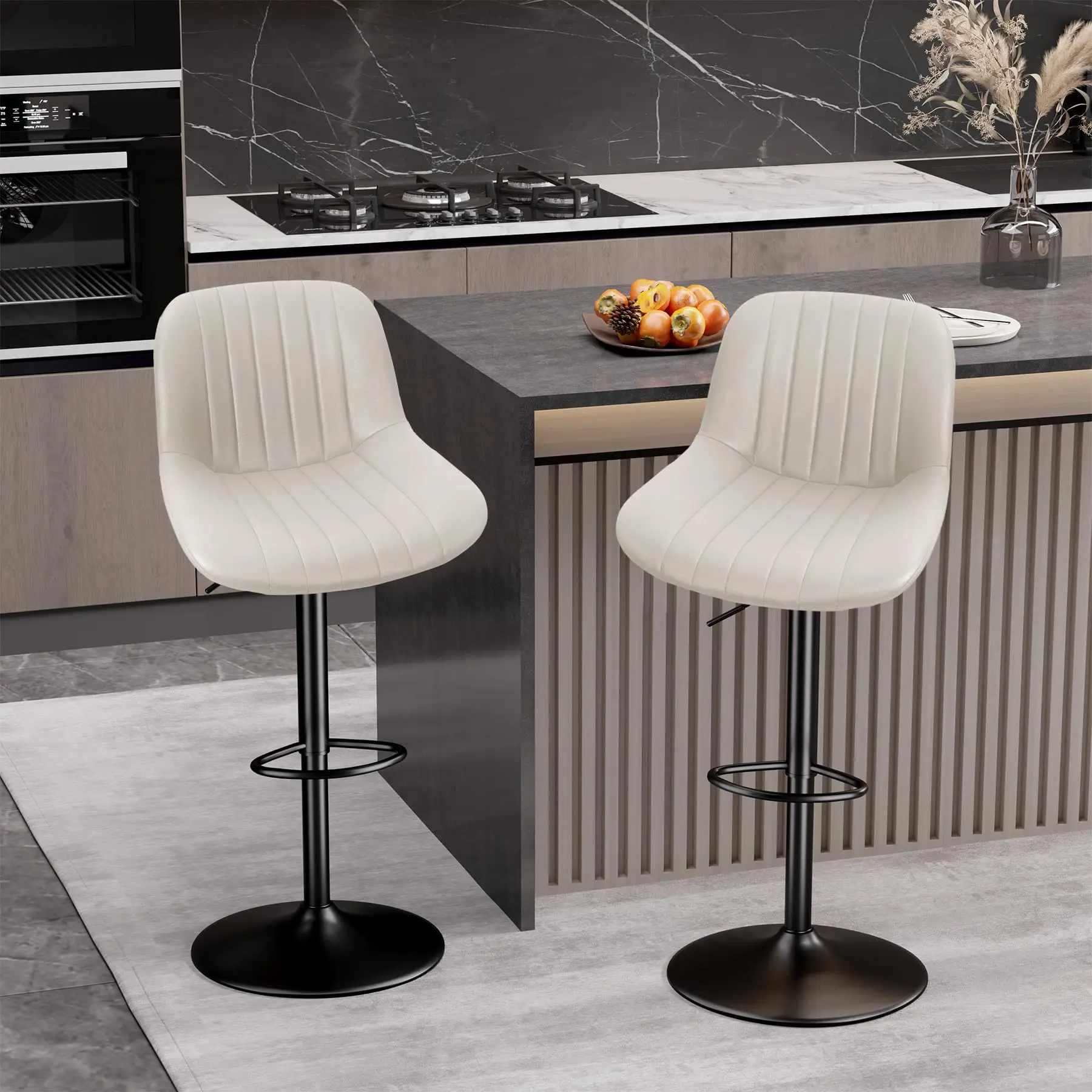 Black 2-Piece Adjustable Swivel Barstools - Modern Furniture Set, 360° Swivel Counter Height Chairs with Backs, Rolling Performance Fabric Island Chairs for Home Kitchen with Black Accents,dorm essentials,home decor