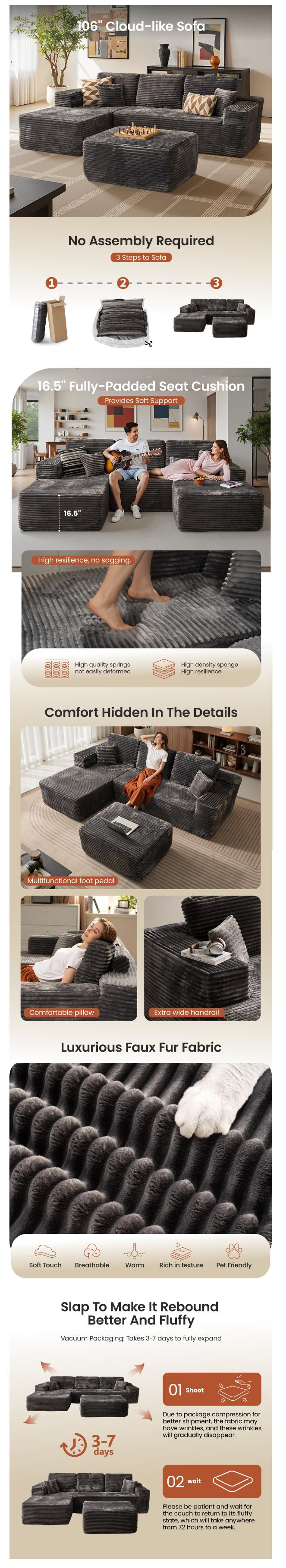 【2 Package Shipping】Ovios 106" Cloud Sectional Boneless Couch with Chaise & Ottoman, L/U-Shape Plush Corduroy Velvet Modern Modular Sofa with Deep Seat, Upholstered Couches for Living Room Bedroom, No Assembly Required