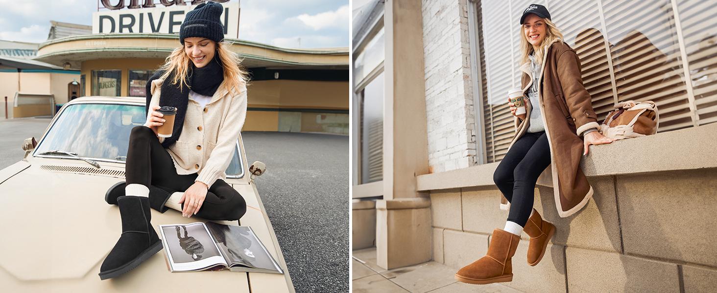 DREAM PAIRS [FuzzyClassic]  Mid Boot Women's Shorty-New Mid Calf Winter Snow Boots Slip On Fur Lining Memory Foam Comfort Short Ankle Boots