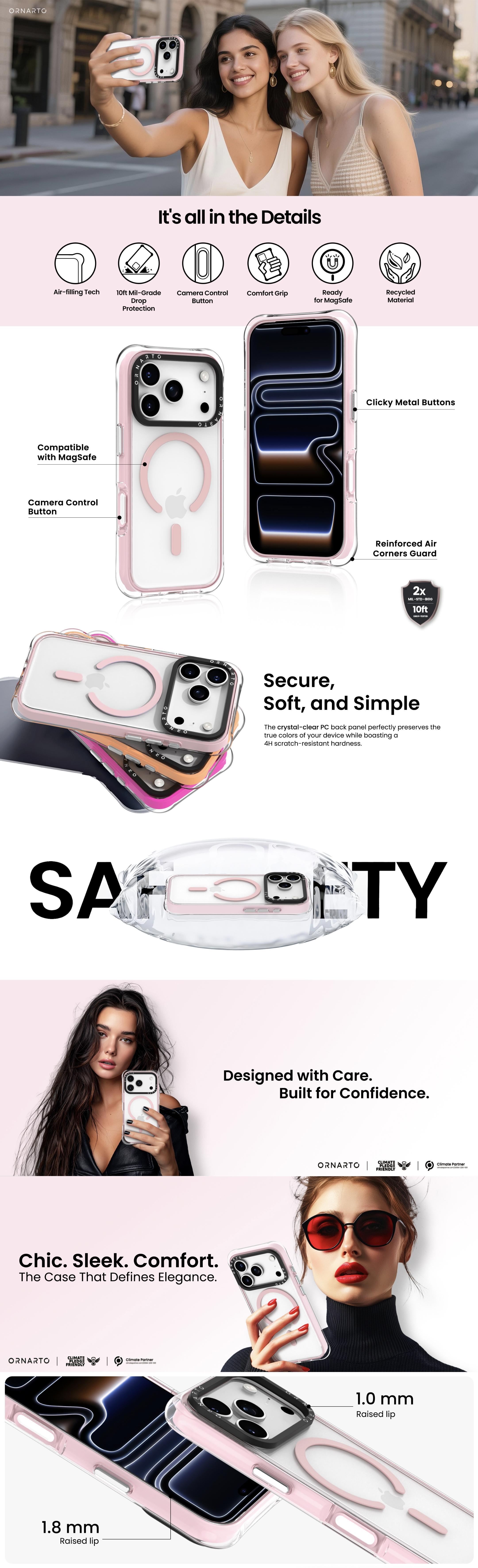 ORNARTO Diamond Air Case for iPhone 17 Series, Military-Grade Drop Protection Cover with Built-in Air,Crystal Clear Backplate | Protective Phone Accessory Shockproof Magsafe Phone Case