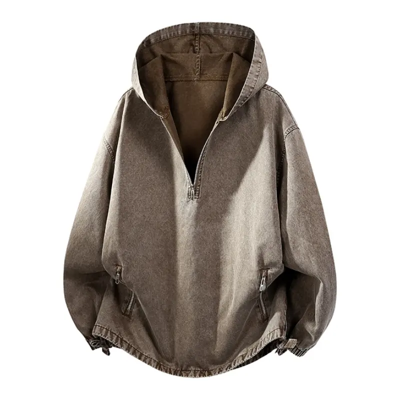 Men's Retro Half-Zip Hooded Sweatshirt - Washed Denim Look Fabric, Drop Shoulder Fit, Soft Elastic Zippered Side Pockets, Curved Hemline for Vintage Streetwear Style