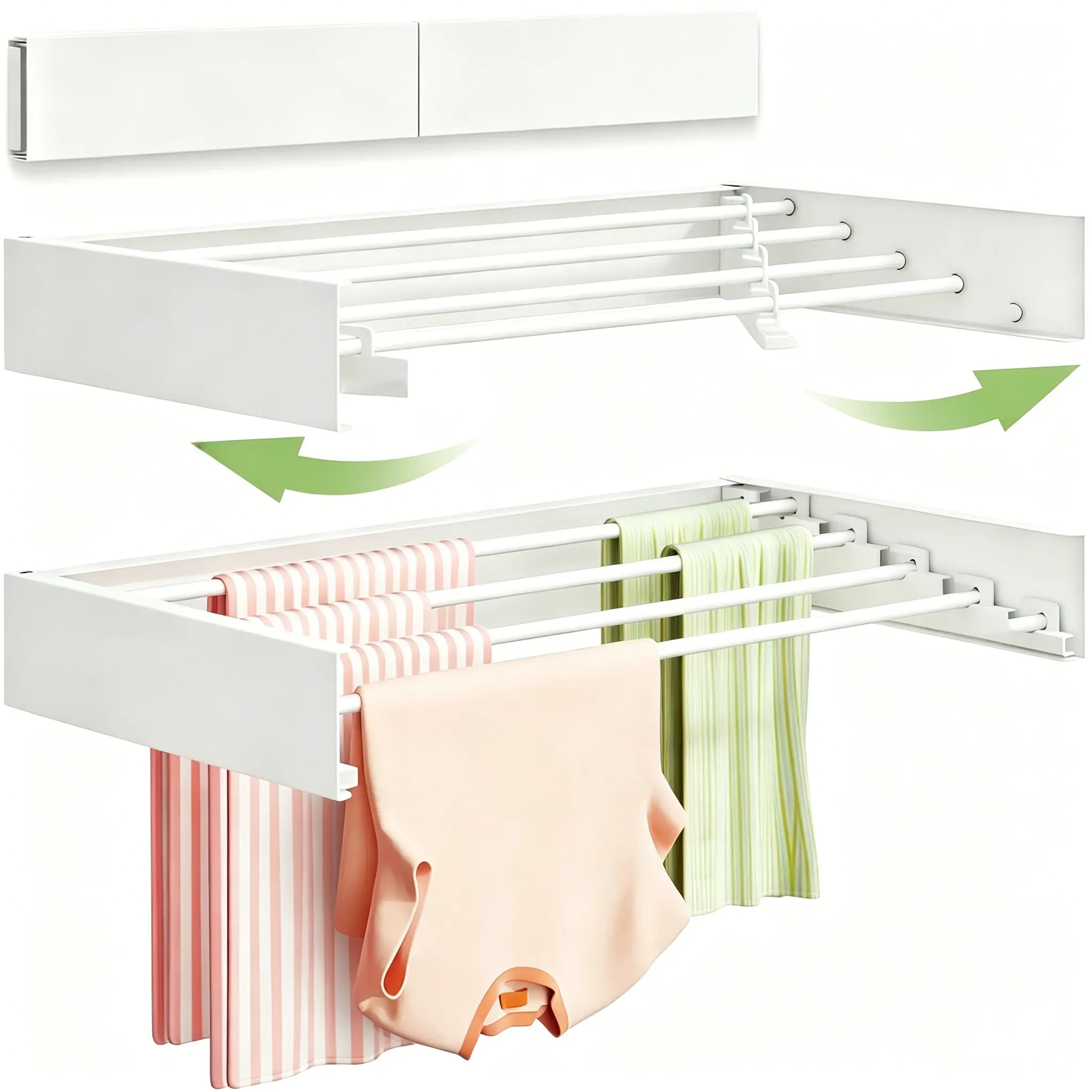 Foldable Wall Mounted Clothes Drying Rack, Wall Mount Laundry Rack Folding Indoor, Drying Rack Clothing Collapsible, Hidden Space Saver with Wall Template