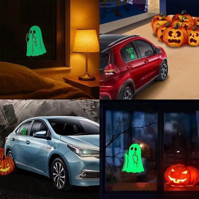 Glow-in-the-Dark Halloween Ghost PVC Sticker Middle Finger Decal Reflective Car & Motorcycle Decal for Windows and Paint 2/4 pcs Halloween Themed Ghoul Stickers