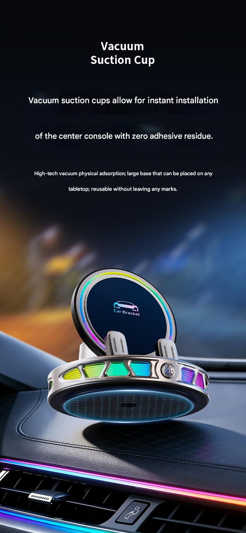 Electric Magnetic Wireless Charging Car Phone Mount with RGB Ambient Light – Ultra Stable Vacuum Suction