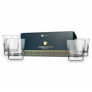 Libbey Charleston Rocks Glasses Set of 4, 12 Oz, Clear Square Base Glass Cocktail Glasses, Modern Bar Glassware Set for Parties and Casual Gatherings