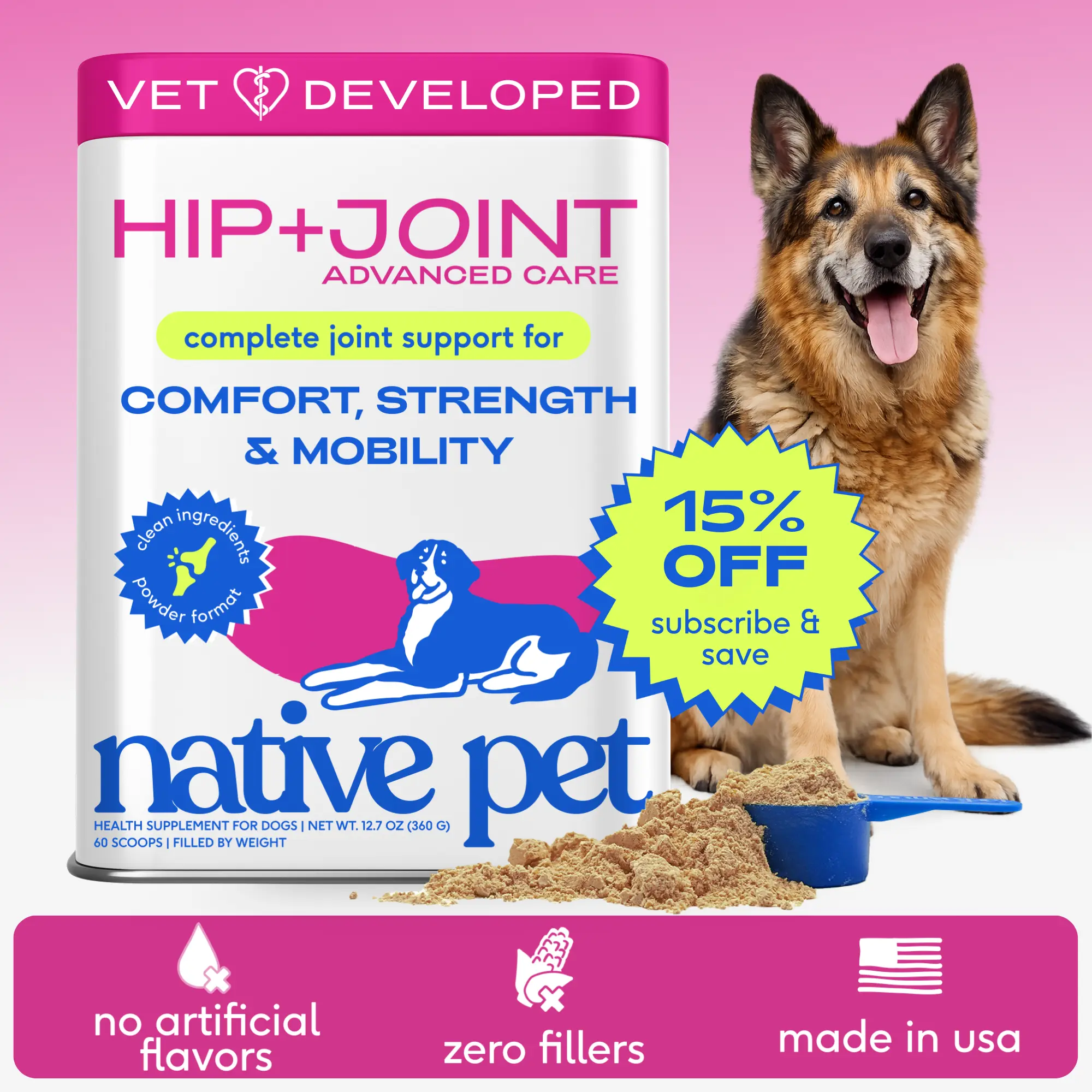 Native Pet Hip & Joint Advanced Care Dog Joint Supplement Powder for Mobility & Movement Support, Joint Supplement for Dogs with HMB, UC-II Collagen, Green Lipped Mussel & Hyaluronic Acid
