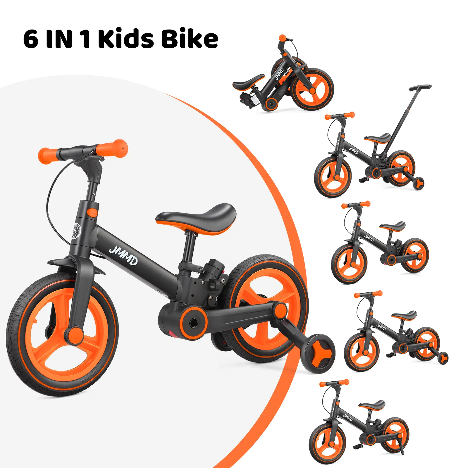 JMMD 6-in-1 Multi-Functional Toddler Balance Bike for 18-60M, with Rubber Training Wheels, Steel Adjustable Pedals, Push Handlebar, Brakes, Kickstand, Christmas/First Birthday Gift for Kids, Outdoor Play Ride-On Toy
