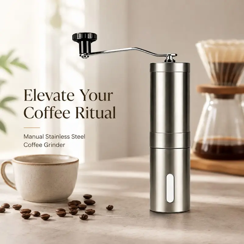 Manual Coffee Grinder, Hand Crank Stainless Steel Coffee Mill with Ceramic Burr for Whole Coffee Beans, Home Kitchen Use