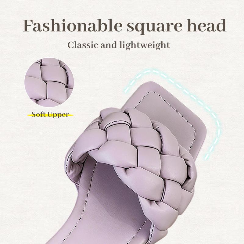 Breathable Fashion Square Toe Slide Sandals Women Woven Open Toe Flat Sandals Non-Slip Lightweight Casual Summer Footwear