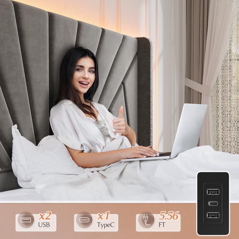 Raybee Full/ Queen/King Size Bed Frame with 51" Velvet Upholstered Headboard, up to 900 LBS ,Platform Bedframe with Charging Station and LED Lights, Wingback Headboard, No Box Spring Needed, Noise-Free[Black Friday]