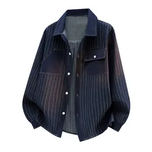 Denim shirt jacket — new for spring/autumn, vintage blue denim jacquard workwear jacket; trendy fashion top; loose men’s shirt; collared striped long-sleeve unisex shirt; soft, comfortable fabric; suitable for everyday wear