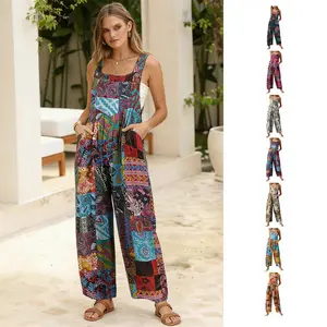 WoodBerry Women's Patchwork Dual Pocket Jumpsuit Loose Floral Print Bohemian Wide Leg Bib Overall Casual Womenswear