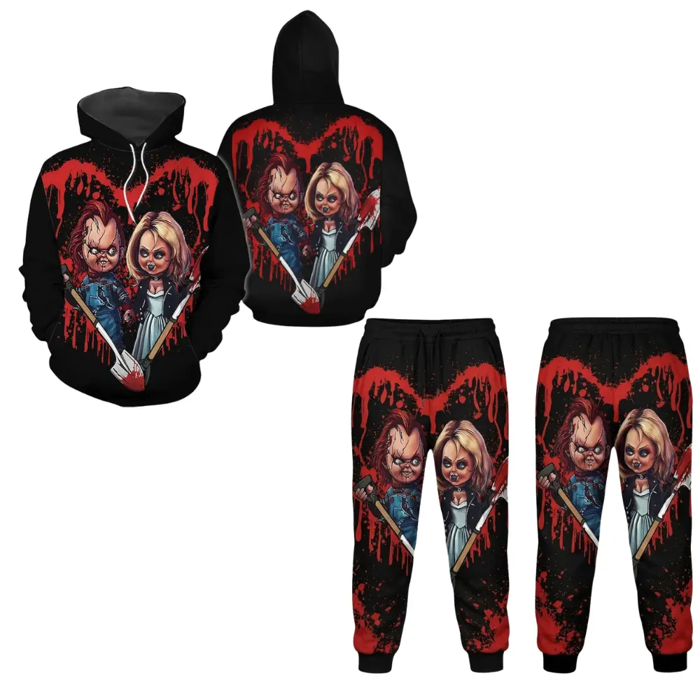 Chucky and Tiffany Hoodie and Sweatpants Set, Bloody Killer Doll Couple Halloween Horror Graphic Design, Gift for Horror Movie Fans