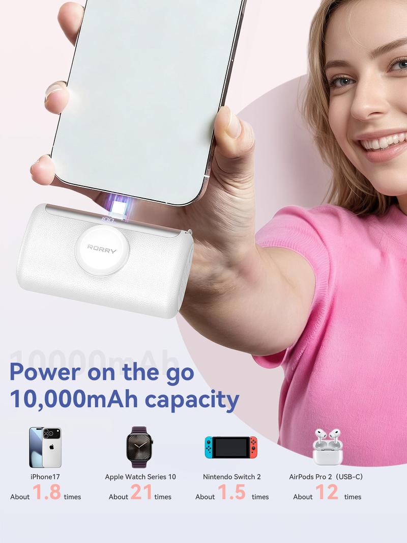 RORRY PalmGo Portable Charger 10000mAh Fast Charging Small Power Bank Travel Essential Battery Pack for iPhone 17/16/15/14/13/12/11 Series and Apple Watch Ultra/11/10/9/SE iPad Android Switch Valentinesdaygift