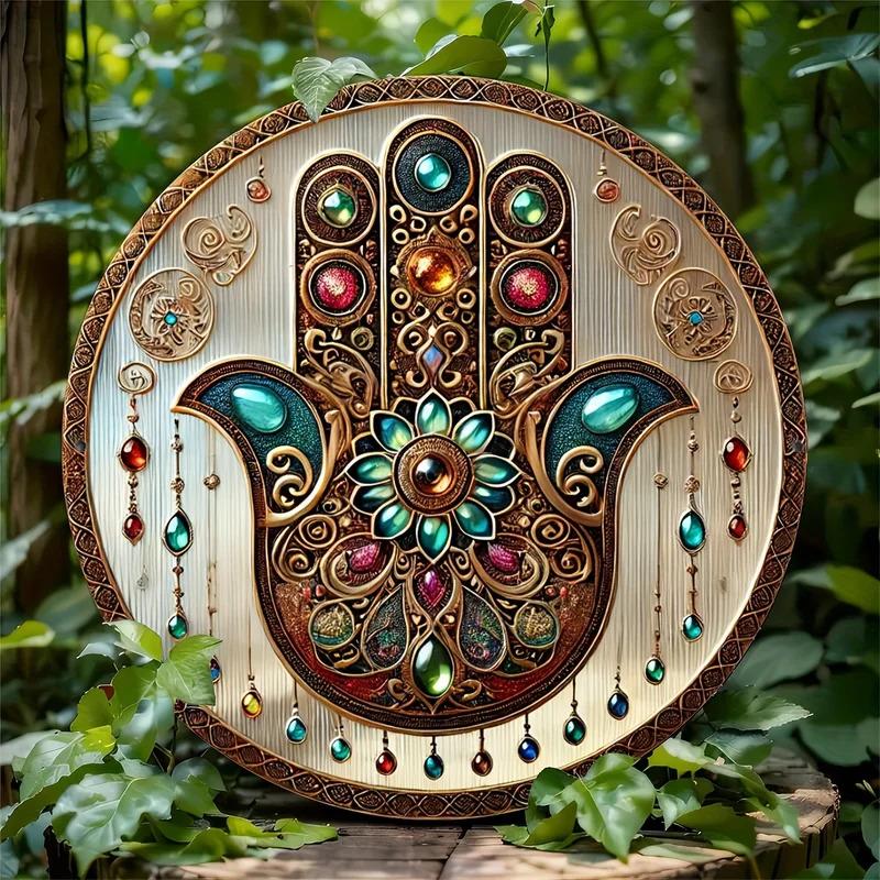 Support customization based on provided images Bohemian Religious Gem Hand Aluminum Sign - Multifunctional Round Decor, Perfect for Home, Garden, Porch & Living Room Wall Art
