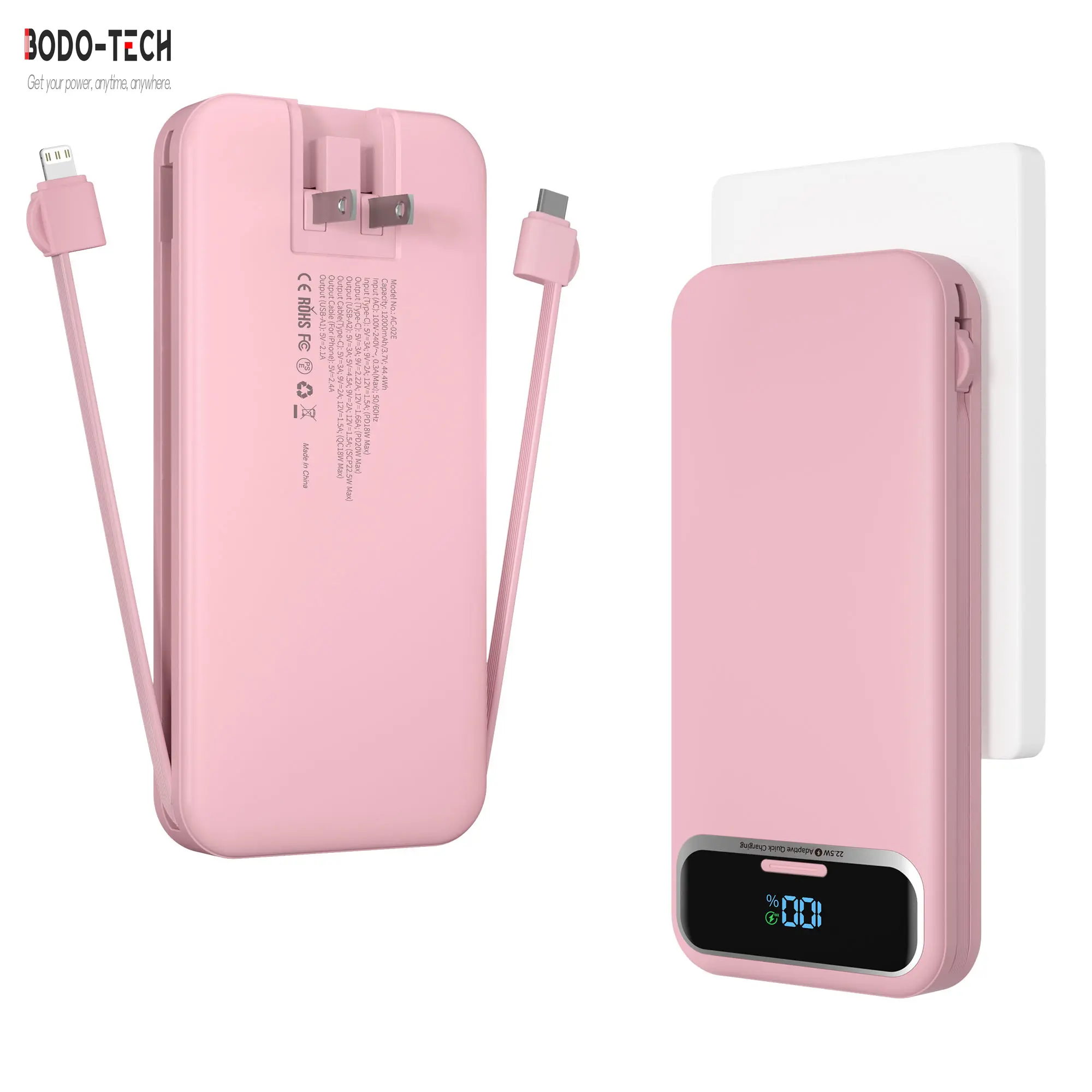 Bodo-Tech 12000mAh Portable Charger with AC Wall Plug, Fast Charging Power Bank, Built-in Cables, Compact Digital Display, Compatible with iOS iPhone, Android Mobile Devices, USB Accessories, Camping Essential