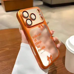 With God All Things Are Possible Patterned Electroplated Semi Transparent Frosted Fully Enclosed PC Orange Color Hard Case Compatible With iPhone 17 Pro Max Air 16 15 14 13 12 Ideal Gift For Christmas Valentine's Day