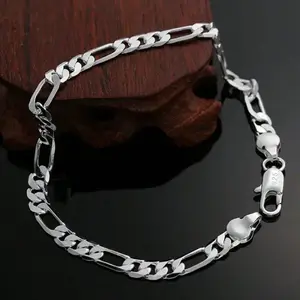 Classic style bracelet, sterling silver 925 plated, with 4mm Figaro chain, suitable for both men and women, in Punk style.