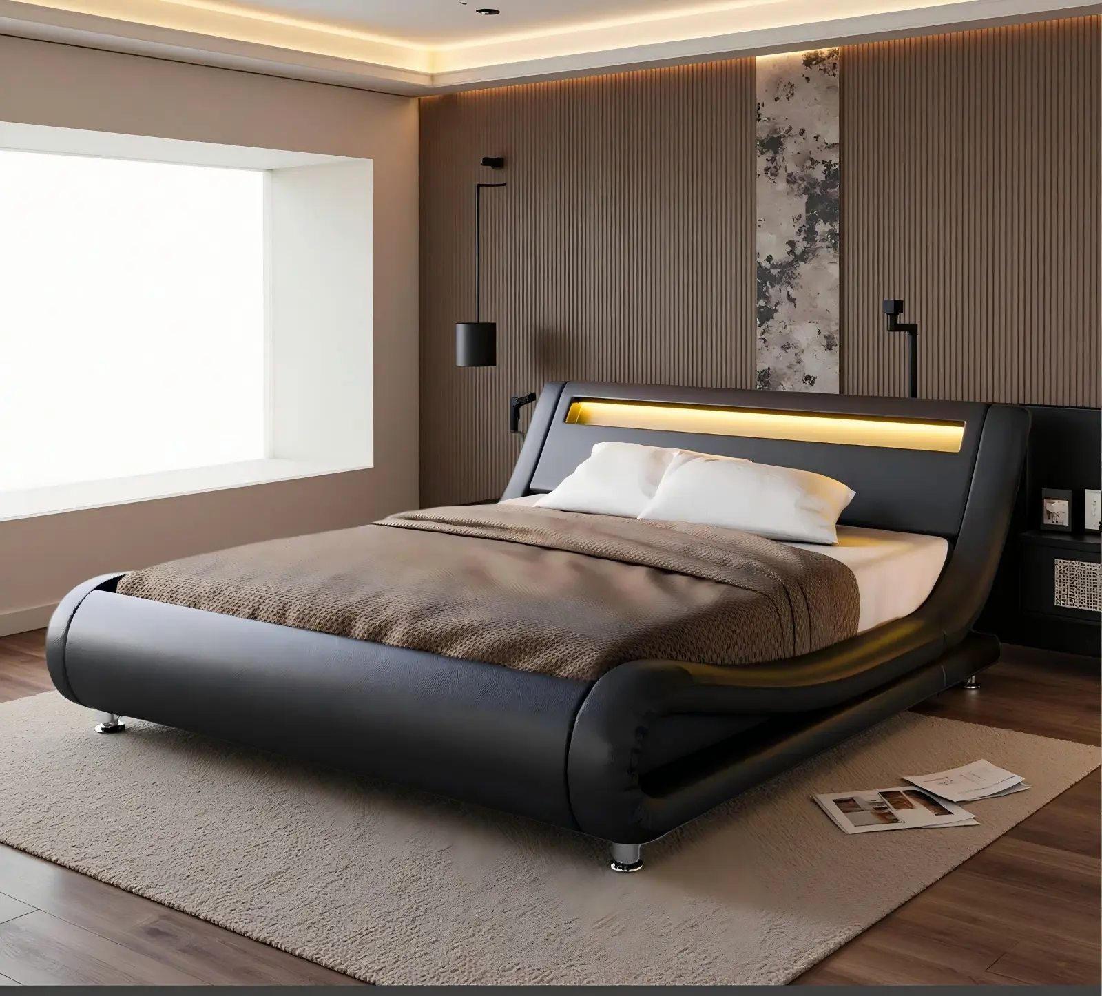 HOOMIC Modern LED Platform Bed Frame【Frame Only No Mattress】,Adjustable Headboard,No Box Spring Needed,Black Faux Leather,Full/Queen/King#TikTokShopDealsforYouDays#DealsforYouDays#Summervibes#Summergarden