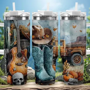 1pc 40oz Western Cowboy Boot Pumpkin Guitar Tumbler with Lid, Insulated Travel Mug, Gift for Women Men, Ideal for Halloween, Independence Day, Memorial Birthday Gift, Coffee Cup, weird stuff