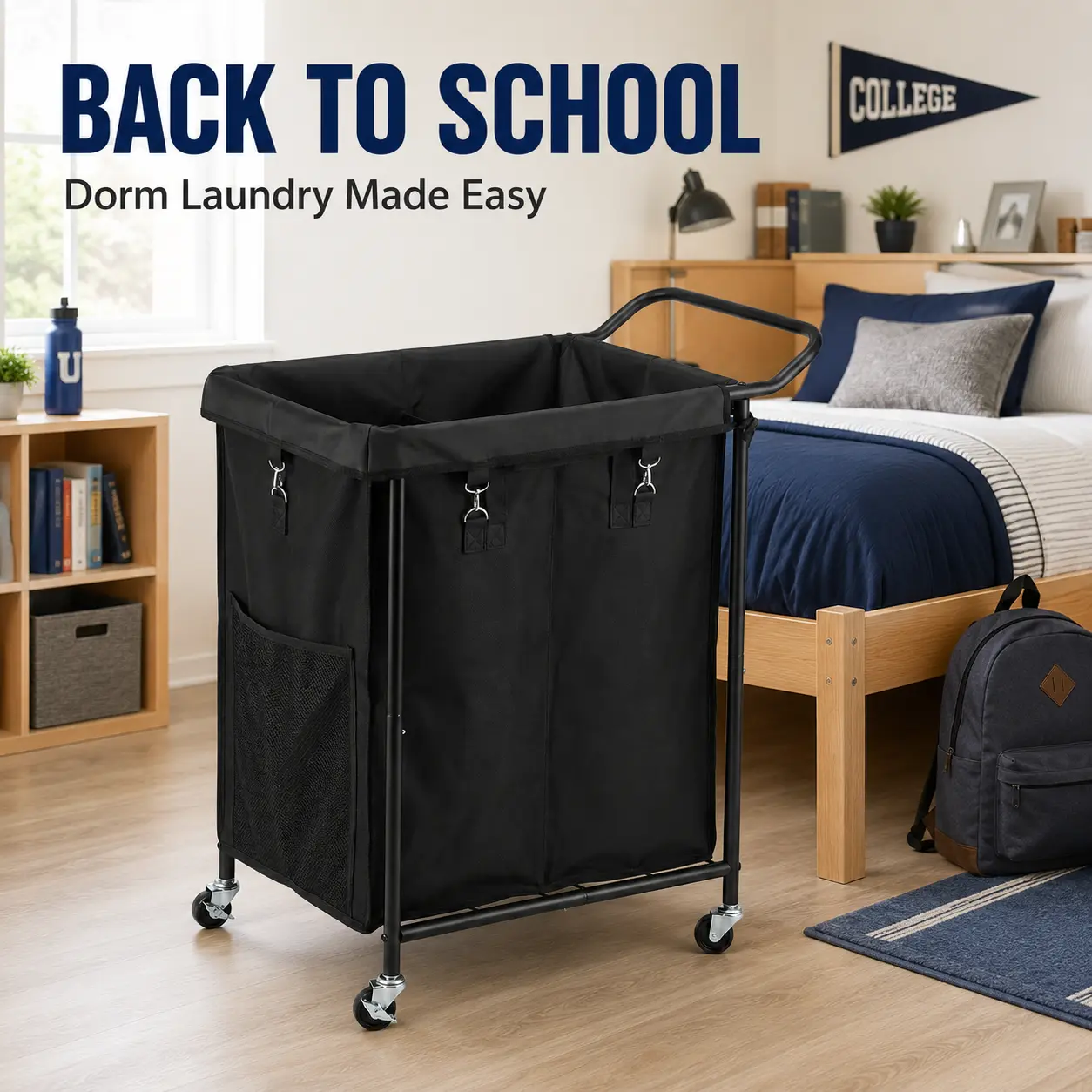 Laundry Basket with Wheels, Rolling Laundry Hamper, square Laundry Cart with Steel Frame and Removable Bag ,Organiser