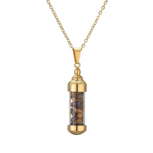 Colorful Crushed Stone Wish Bottle Necklace, Openable Stainless Steel Pendant, Refillable Perfume Scent Chain Accessory
