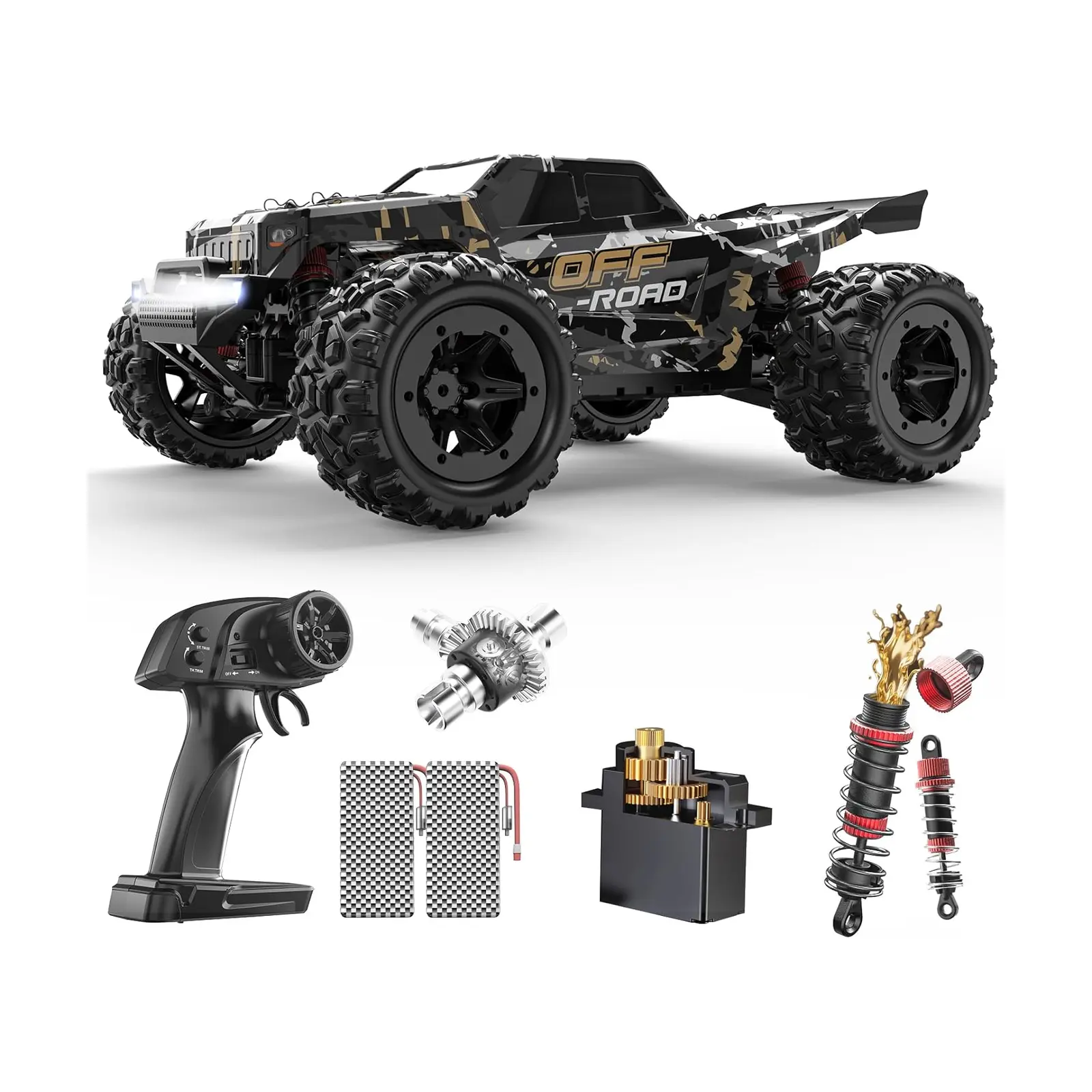 DEERC 9309E 4WD All-Terrain High-Speed Electric Remote Control Monster Truck - 2.4GHz Waterproof Hobby Grade RC Vehicle, 40KM/H Rechargeable RC Model Car, LED Headlights, 2 Rechargeable Batteries, Wheelie Bar, Father’s Day Gift for Beginners, Remote Contr