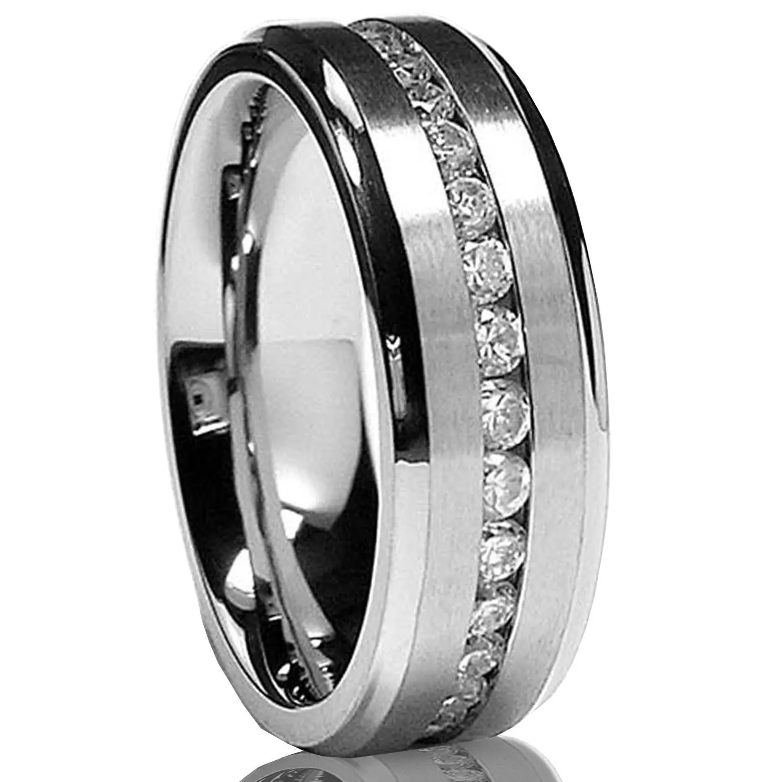 Men's 7MM Titanium Eternity Engagement Wedding Band, Adorned with Cubic Zirconia (CZ), Sizes 5-13