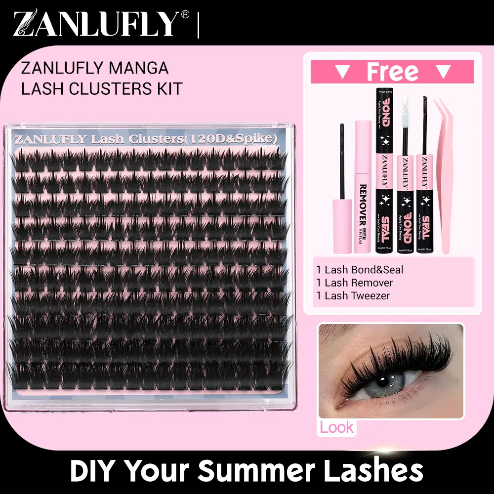 Volume Anime Lash Clusters Kit  zanlufly  120D Full Lashes Wet Wispy Look Cluster Lashes Pre-made Spike Lash Extension Kit Lash Twezzer Lash Bond and Seal Lash Remover TikTokShopBlackFriday,back to school