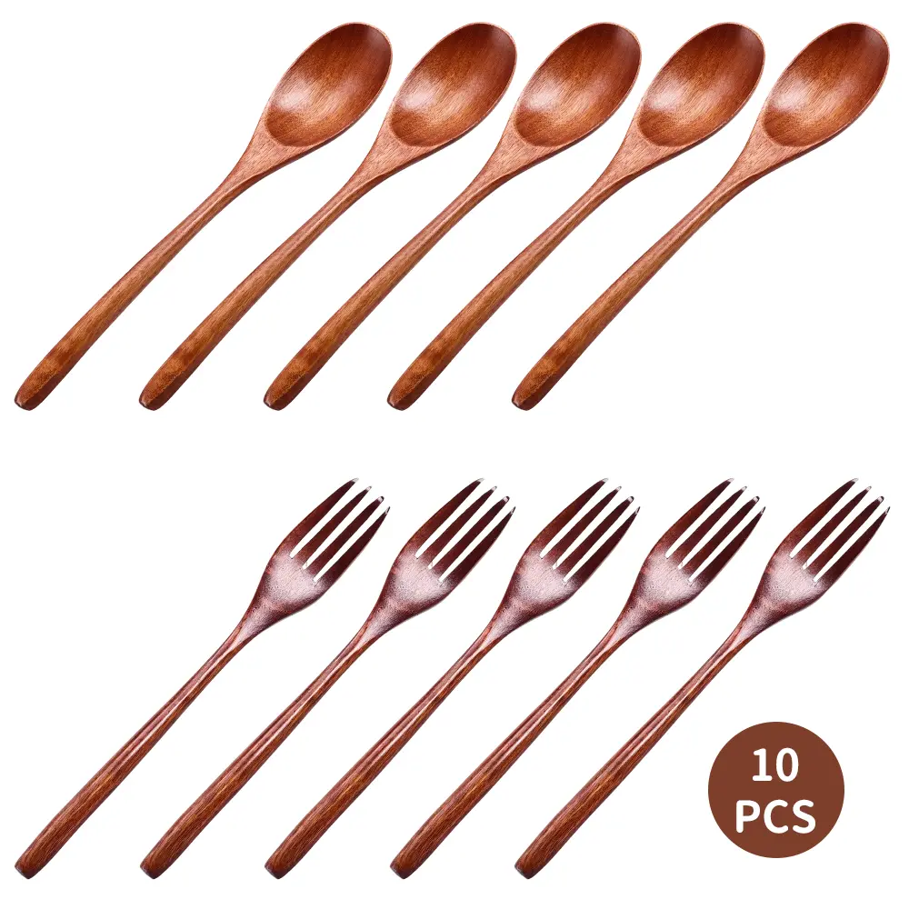 Unisex 10-Pcs Natural Wood Heat-Resistant Cutlery Set - Long Handles Reusable Handmade Tree Lacquer Spoons & Forks, Portable Compact Pack for Home Camping Travel, Valentine's Day Gift