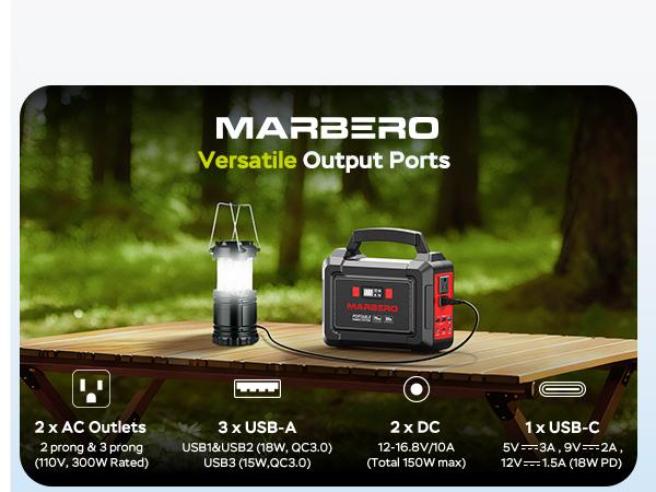 MARBERO 296Wh Portable Power Station with 2 x 300W Pure Sine Wave AC Outlets 330W Surge 8 Output Ports & Built-in Flashlight for Camping Blackout Outdoor Emergency MARBERO 296Wh Portable Power Station with 2 x 300W Pure Sine Wave AC Outlets 330W Surge 8 Output Ports & Built-in Flashlight for Camping Blackout Outdoor Emergency