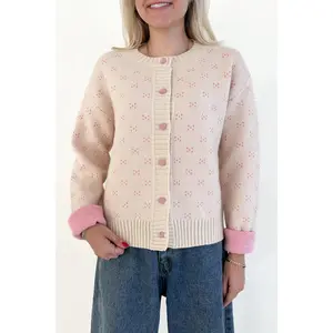 Noelle Button Down Pink Hearts Cardigan in Cream and Pink