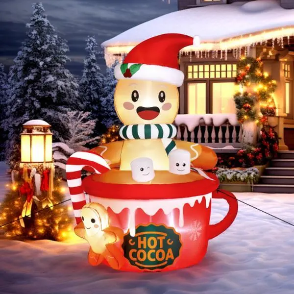6ft Gingerbread Man Cup Drawstring Bag, Christmas 5 LED Outdoor Decoration Lights, 15W Holiday Festive Party Decoration Supplies for Garden