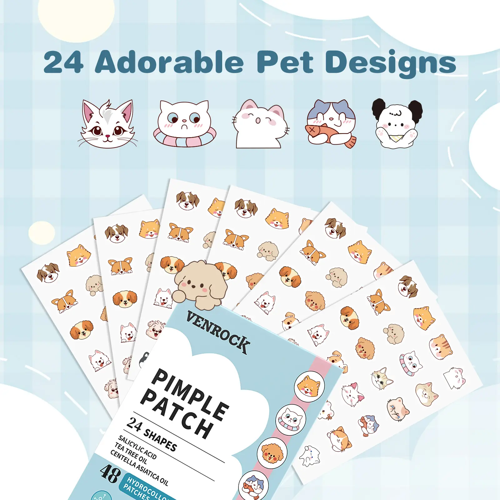 VENROCK Cute Pimple Patches 48ct | Cat & Dog Blemish Dots with Salicylic Acid & Cica, Gentle for Sensitive Skin