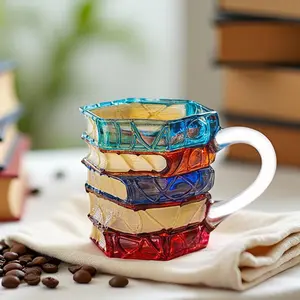 3D Painted Book Stack Mug - 7oz Unique Stained Glass Coffee Cup for Readers & Book Lovers, Hand-painted Reading Happiness Cup, Library Bookbound Mug Desk Decorative Collection Gifts