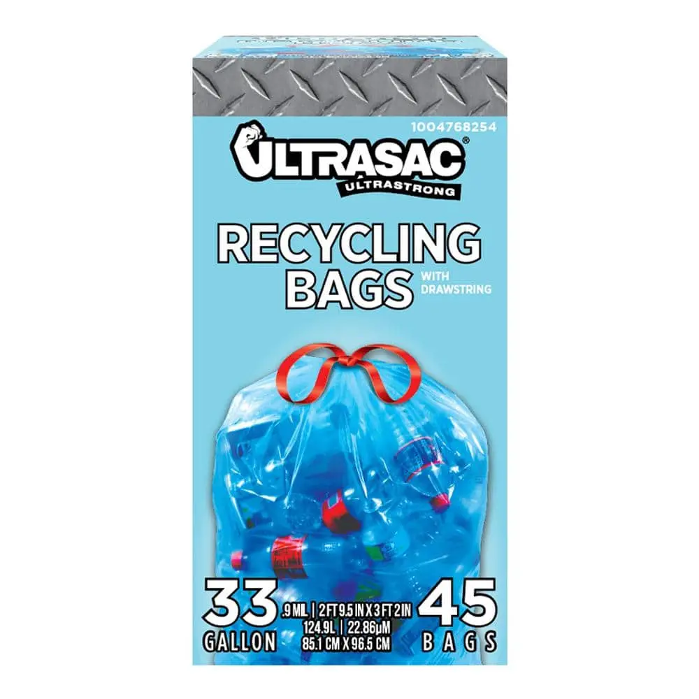 Eco-Friendly Plastic Blue Recycling Bags, 33 Gal Drawstring, 45-Count - High Capacity for Home Waste Management