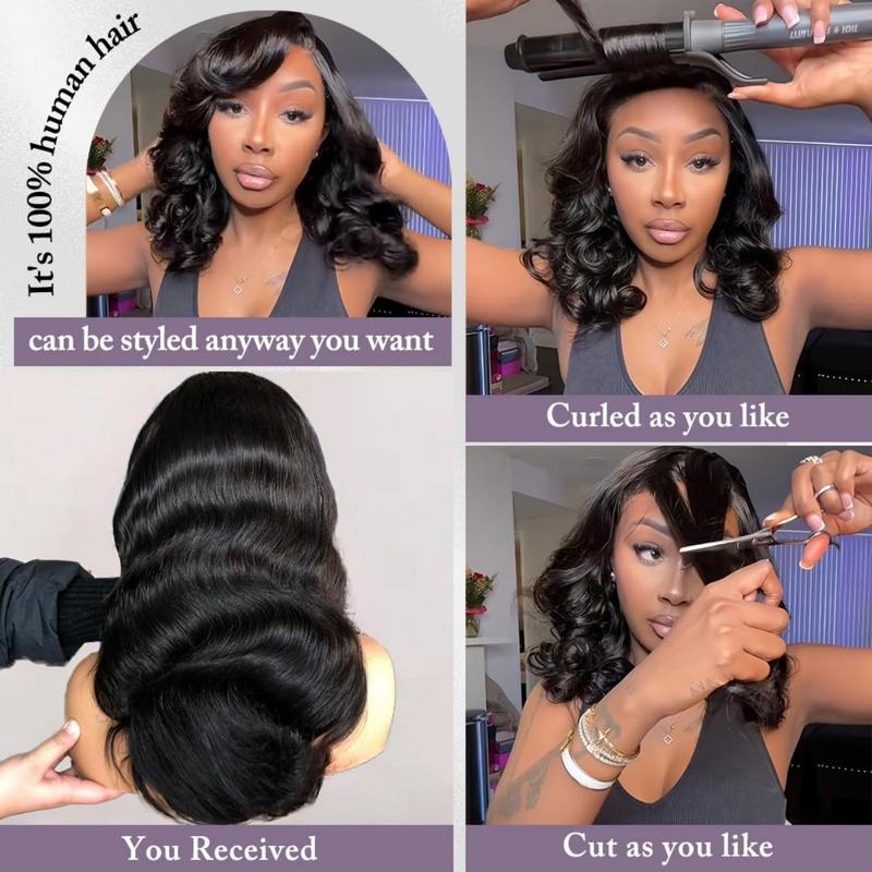 Bob Wig Human Hair 13x6 Body Wave HD Lace Front Wigs Human Hair 200% Density Glueless Short Bob Wigs for Black Women Natural Black 14 inch